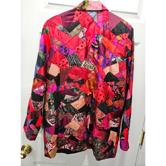 Rare Vintage Thai 100% Silk Patxhwork Jacket Blazer Size L Red Asian Artsy Boho - Picture 5 of 7